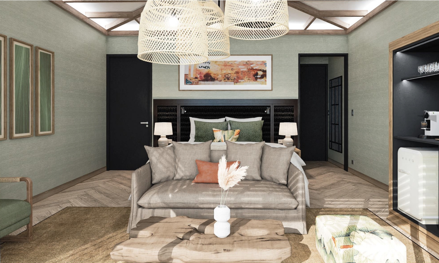 Rendering of living area in Beachfront room.