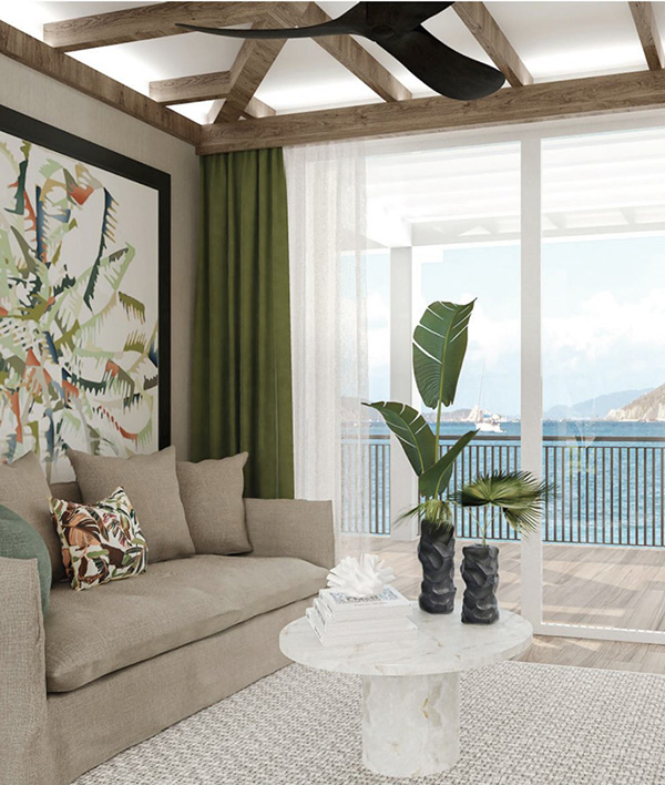 Rendering of new Beachfront room design interior with a view over Deadman’s Bay.